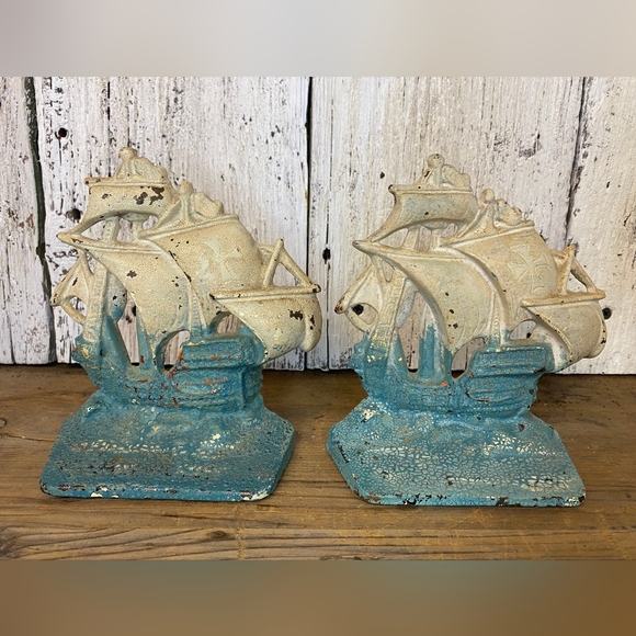 Vintage Cast Iron Bookends Nautical Sailing Pirate Ship Beach Coastal Turquoise - Picture 4 of 6